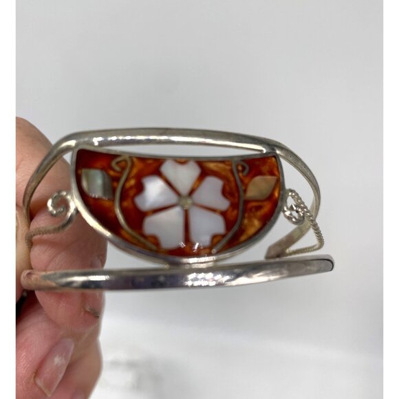 Vintage Alpaca Mexico Silver Tone Cuff Bracelet Mother Of Pearl Inlay Floral Des - Picture 6 of 8